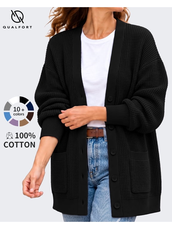 Women's 100% Cotton Cardigan Sweater, Oversized Long Sleeve Knit Button Front Cardigan with Pockets, Black L