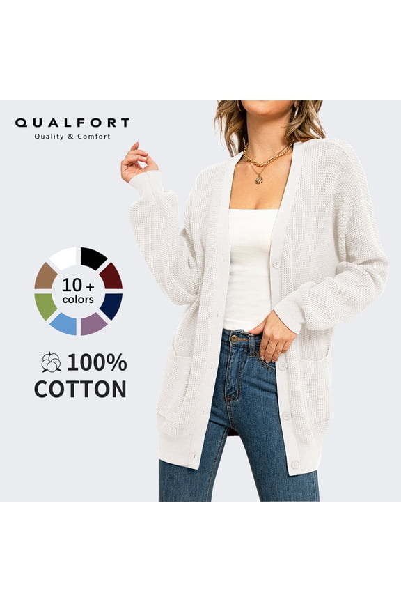 Women's 100% Cotton Cardigan Sweater, Oversized Long Sleeve Knit Button Front Cardigan with Pockets