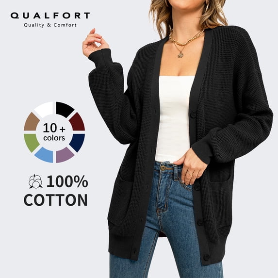 QUALFORT Women's 100% Cotton Cardigan Sweater, Oversized Long Sleeve Knit Button Front Cardigan with Pockets, Black L