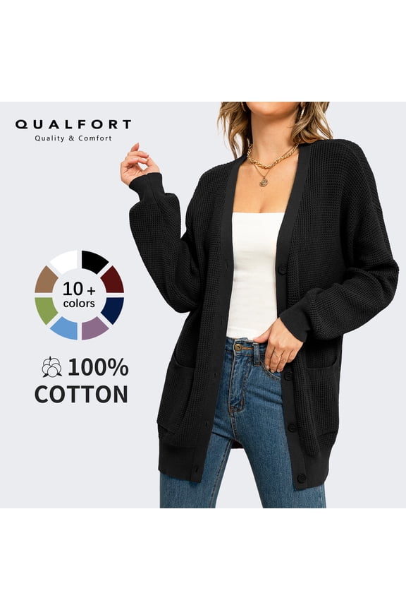 Women's 100% Cotton Cardigan Sweater, Oversized Long Sleeve Knit Button Front Cardigan with Pockets