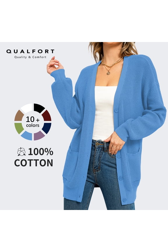 Women's 100% Cotton Cardigan Sweater, Oversized Long Sleeve Knit Button Front Cardigan with Pockets