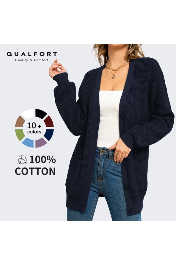 Women's 100% Cotton Cardigan Sweater, Oversized Long Sleeve Knit Button Front Cardigan with Pockets