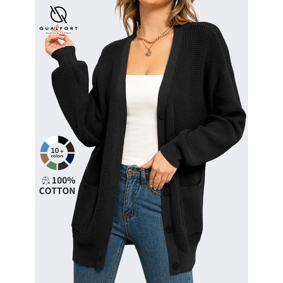 QUALFORT Women's 100% Cotton Cardigan Sweater, Oversized Long Sleeve Knit Button Front Cardigan with Pockets, Black L