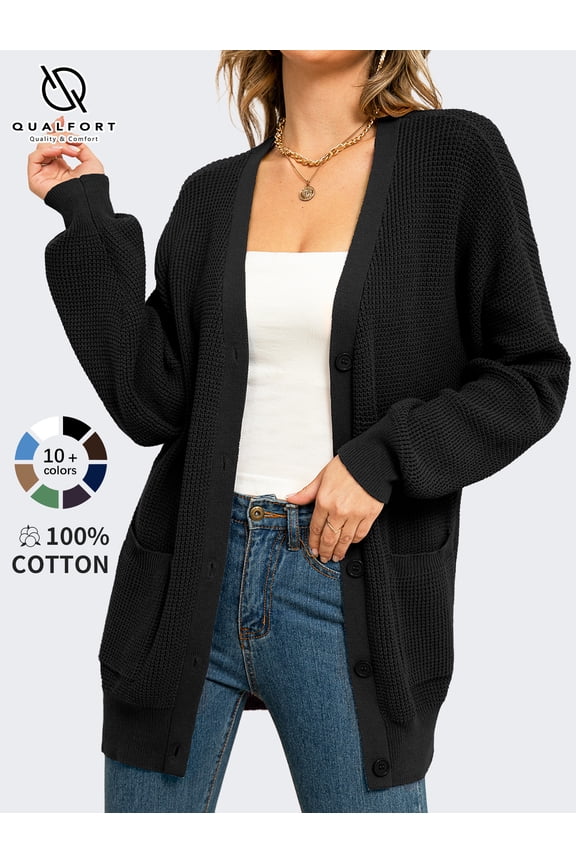 Women's 100% Cotton Cardigan Sweater, Oversized Long Sleeve Knit Button Front Cardigan with Pockets, Black L