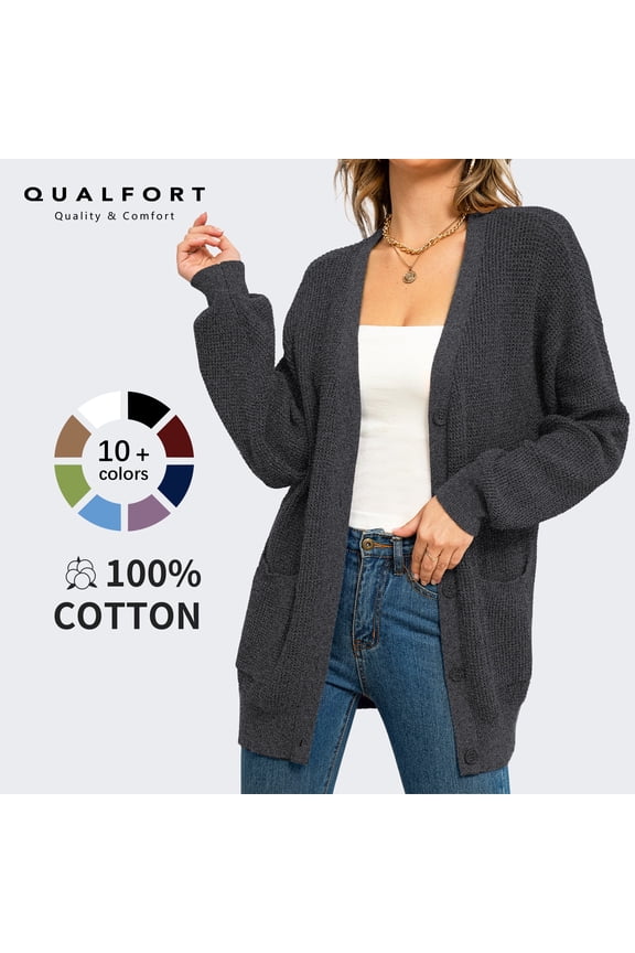 Women's 100% Cotton Cardigan Sweater, Oversized Long Sleeve Knit Button Front Cardigan with Pockets