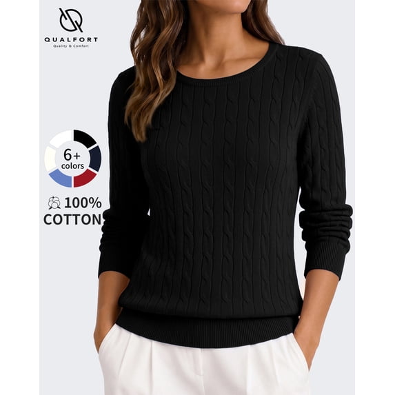 QUALFORT Women's 100% Cotton Cable Knit Sweater, Crew Neck Lightweight Pullover Sweater for Women, Long Sleeve Knit Top, Black M
