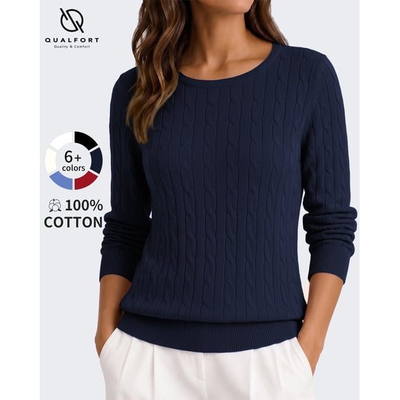 QUALFORT Women's 100% Cotton Cable Knit Sweater, Crew Neck Lightweight Pullover Sweater for Women, Long Sleeve Knit Top, Navy S