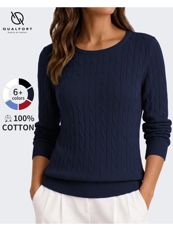 Women's 100% Cotton Cable Knit Sweater, Crew Neck Lightweight Pullover Sweater for Women, Long Sleeve Knit Top, Navy L
