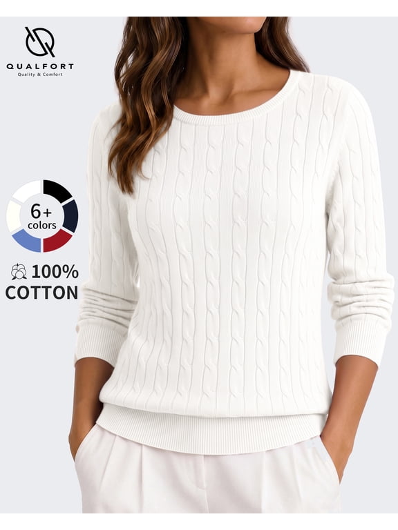 Women's 100% Cotton Cable Knit Sweater, Crew Neck Lightweight Pullover Sweater for Women, Long Sleeve Knit Top, Off-White L