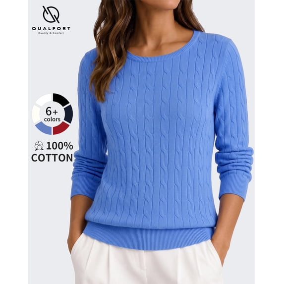 QUALFORT Women's 100% Cotton Cable Knit Sweater, Crew Neck Lightweight Pullover Sweater for Women, Long Sleeve Knit Top, Blue XL