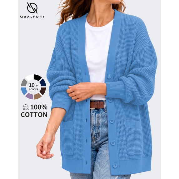 QUALFORT Women's 100% Cotton Cardigan Sweater, Oversized Long Sleeve Knit Button Front Cardigan with Pockets, Sky Blue XXL