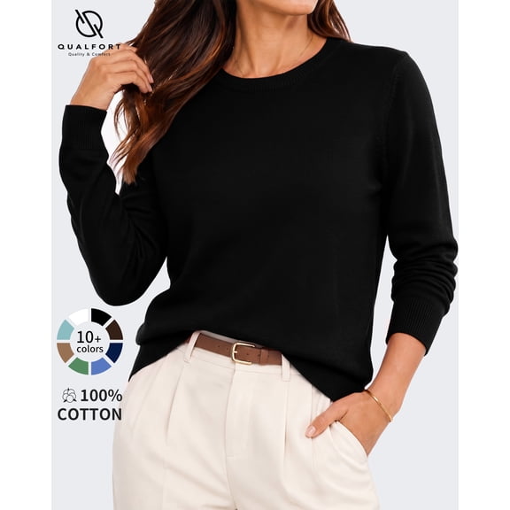 QUALFORT Women’s 100% Cotton Pullover Sweater, Crew Neck Long Sleeve Lightweight Sweater for Women, Soft Classic Knit Top, Black M