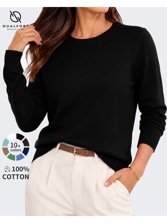 Women’s 100% Cotton Pullover Sweater, Crew Neck Long Sleeve Lightweight Sweater for Women, Soft Classic Knit Top, Black XS