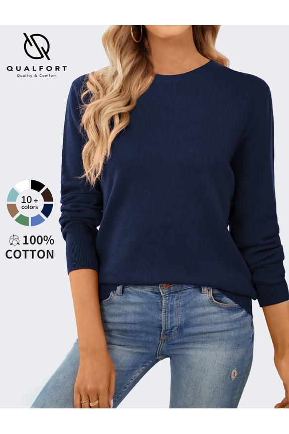 Women’s 100% Cotton Pullover Sweater, Crew Neck Long Sleeve Lightweight Sweater for Women, Soft Classic Knit Top, Navy L