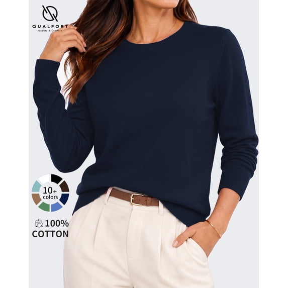QUALFORT Women’s 100% Cotton Pullover Sweater, Crew Neck Long Sleeve Lightweight Sweater for Women, Soft Classic Knit Top, Navy XL