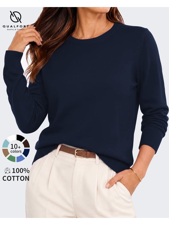 Women’s 100% Cotton Pullover Sweater, Crew Neck Long Sleeve Lightweight Sweater for Women, Soft Classic Knit Top, Navy L