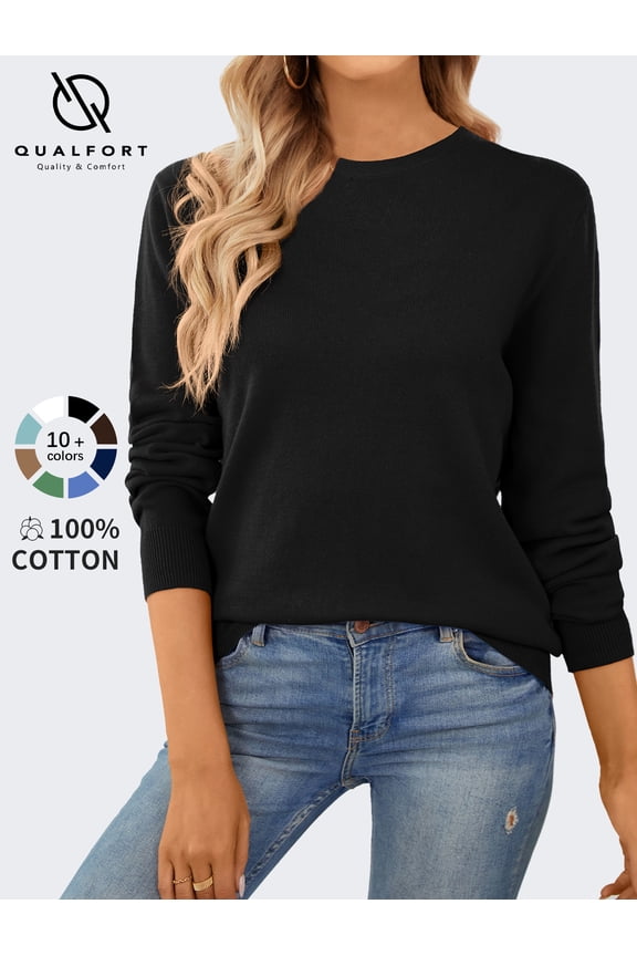 Women’s 100% Cotton Pullover Sweater, Crew Neck Long Sleeve Lightweight Sweater for Women, Soft Classic Knit Top, Black M