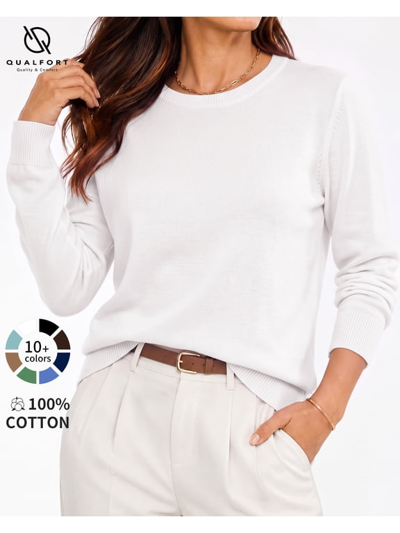 Women’s 100% Cotton Pullover Sweater, Crew Neck Long Sleeve Lightweight Sweater for Women, Soft Classic Knit Top, White XL