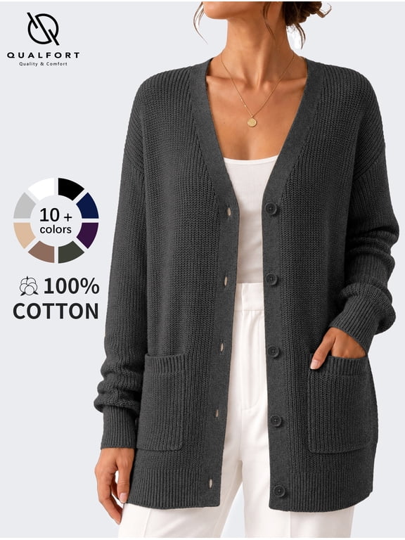 Cardigan Sweaters for Women, 100% Cotton V Neck Cardigan, Button Front Knit Sweater with Pockets, Long Sleeve Relaxed Fit, Charcoal Gray XXL
