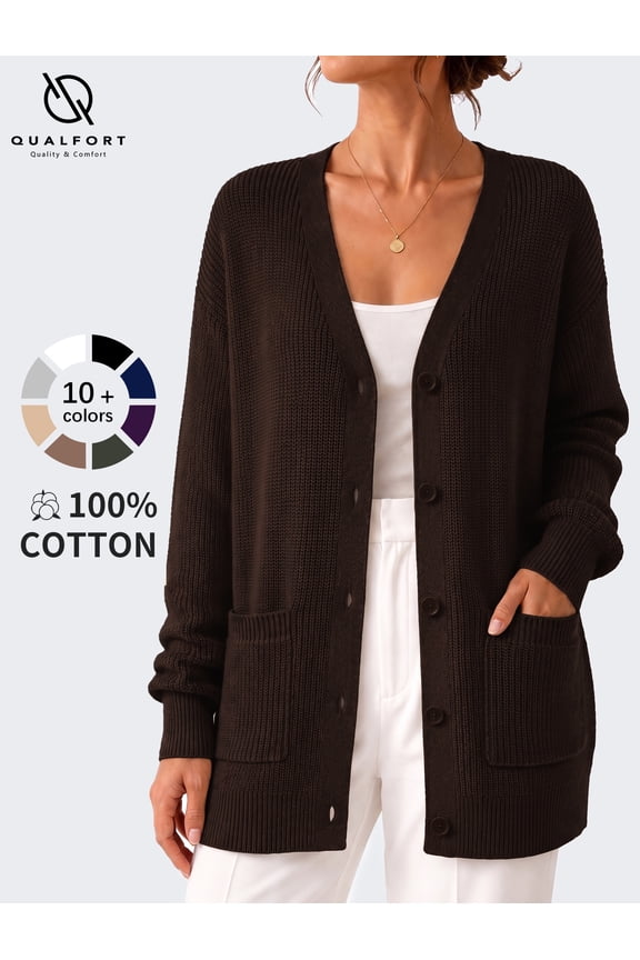 Cardigan Sweaters for Women, 100% Cotton Cardigan, V Neck Button Front Knit Sweater with Pockets, Long Sleeve Relaxed Fit Cardigan, Coffee Brown S