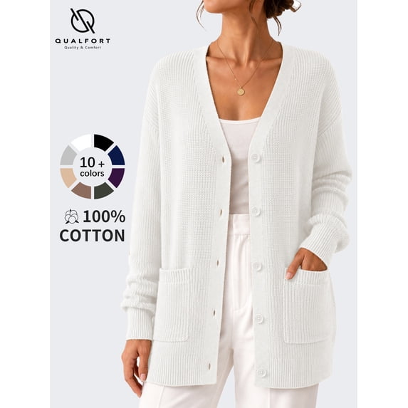 QUALFORT Cardigan Sweaters for Women, 100% Cotton V Neck Cardigan, Button Front Knit Sweater with Pockets, Long Sleeve Relaxed Fit, Off White S