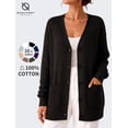thumbnail image 1 of QUALFORT Cardigan Sweaters for Women, 100% Cotton V Neck Cardigan, Button Front Knit Sweater with Pockets, Long Sleeve Relaxed Fit, Black L, 1 of 8