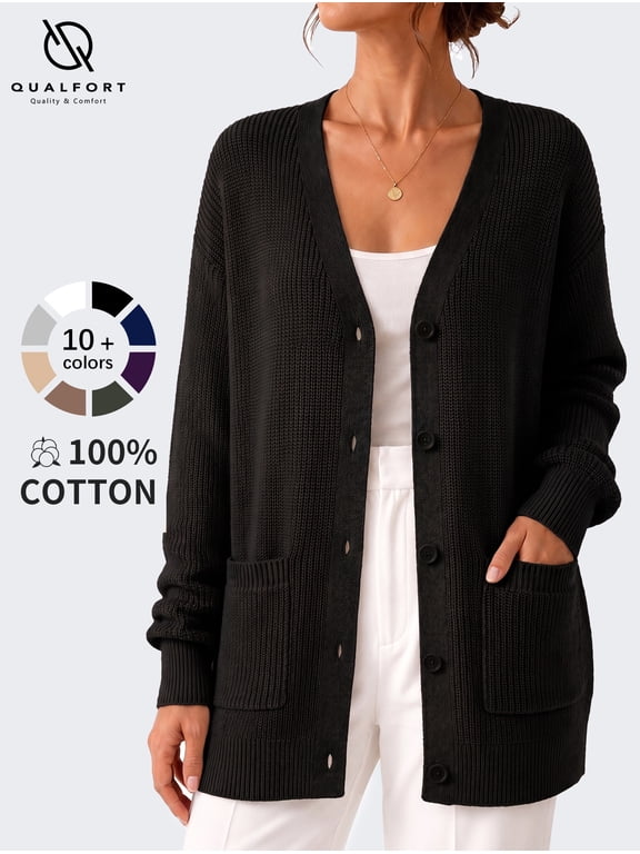Cardigan Sweaters for Women, 100% Cotton V Neck Cardigan, Button Front Knit Sweater with Pockets, Long Sleeve Relaxed Fit, Black M