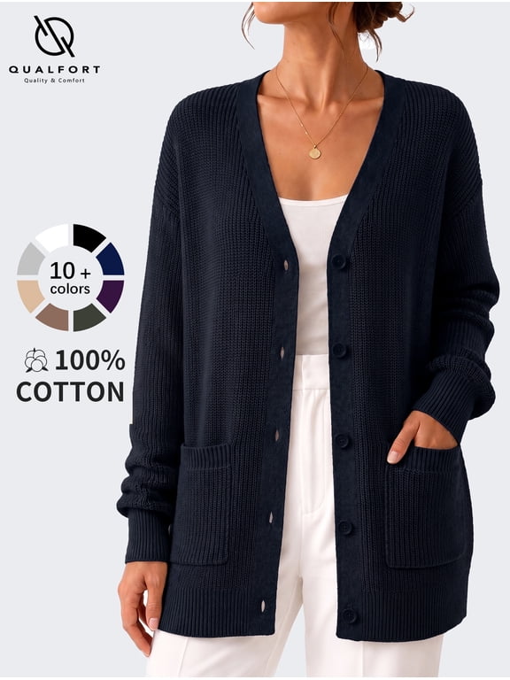 Cardigan Sweaters for Women, 100% Cotton V Neck Cardigan, Button Front Knit Sweater with Pockets, Long Sleeve Relaxed Fit, Navy S