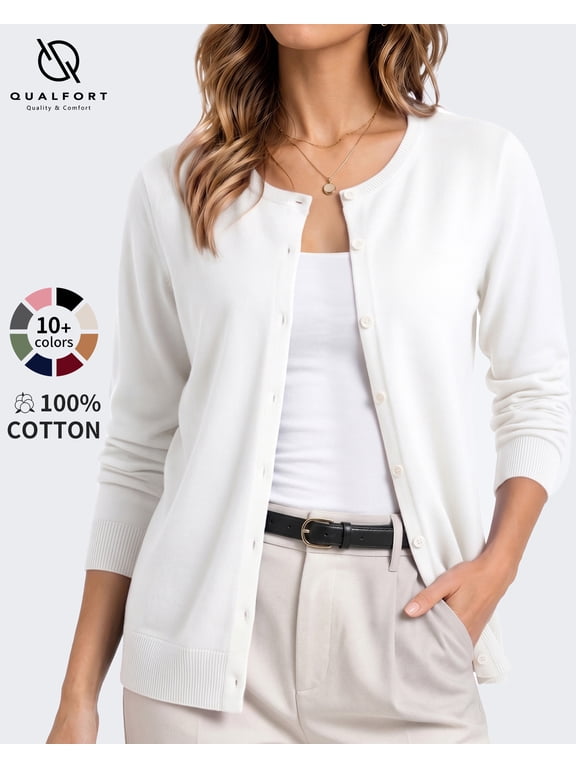 Women's 100% Cotton Lightweight Button-Front Cardigan Sweater, Crew Neck Long Sleeve Knit, Off White L