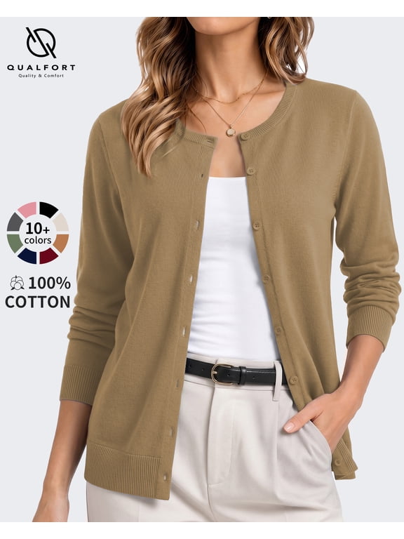 Women's 100% Cotton Lightweight Button-Front Cardigan Sweater, Crew Neck Long Sleeve Knit, Khaki L