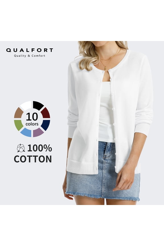 Women’s 100% Cotton Lightweight Button-Front Cardigan Sweater,crew neck Long Sleeve Knit