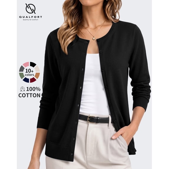 QUALFORT Women's 100% Cotton Lightweight Button-Front Cardigan Sweater, Crew Neck Long Sleeve Knit, Black L