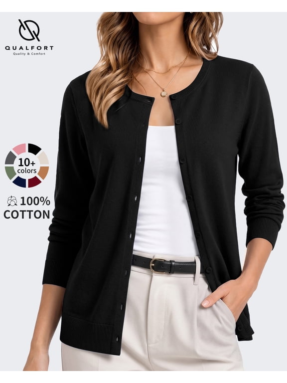 Women's 100% Cotton Lightweight Button-Front Cardigan Sweater, Crew Neck Long Sleeve Knit, Black L