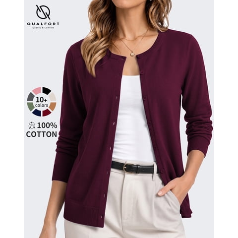Women's 100% Cotton Lightweight Button-Front Cardigan Sweater, Crew Neck Long Sleeve Knit, Burgundy XL