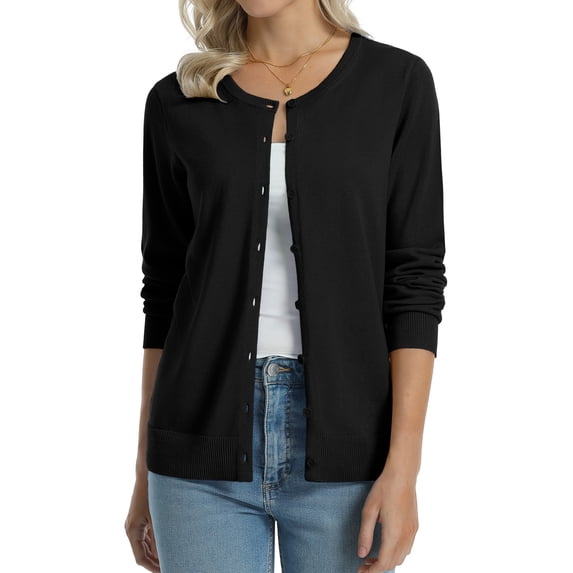 QUALFORT Women’s 100% Cotton Lightweight Button-Front Cardigan Sweater,crew neck Long Sleeve Knit