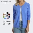thumbnail image 1 of QUALFORT Women’s 100% Cotton Lightweight Button-Front Cardigan Sweater，crew neck Long Sleeve Knit, 1 of 7