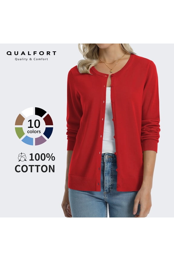 Women's 100% Cotton Lightweight Button-Front Cardigan Sweater, Crew Neck Long Sleeve Knit, Red M