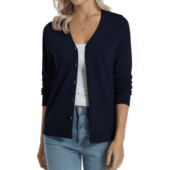 QUALFORT Women’s 100% Cotton Lightweight Button-Front Cardigan Sweater,v neck Long Sleeve Knit