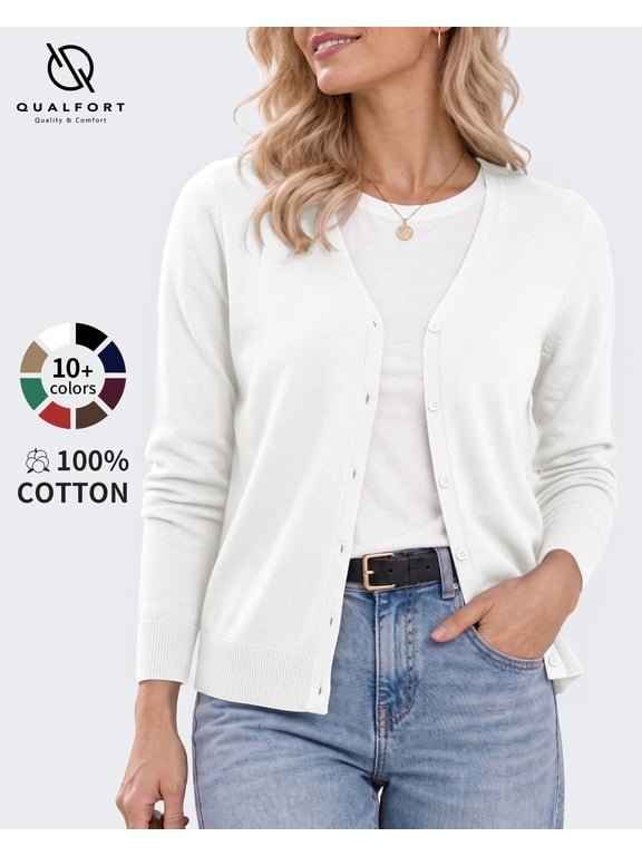 Women's 100% Cotton Lightweight Button-Front Cardigan Sweater, V-Neck Long Sleeve Knit,Off White XL