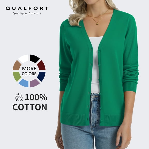 QUALFORT Women’s 100% Cotton Lightweight Button-Front Cardigan Sweater，V-Neck Long Sleeve Knit, Green M-2XL
