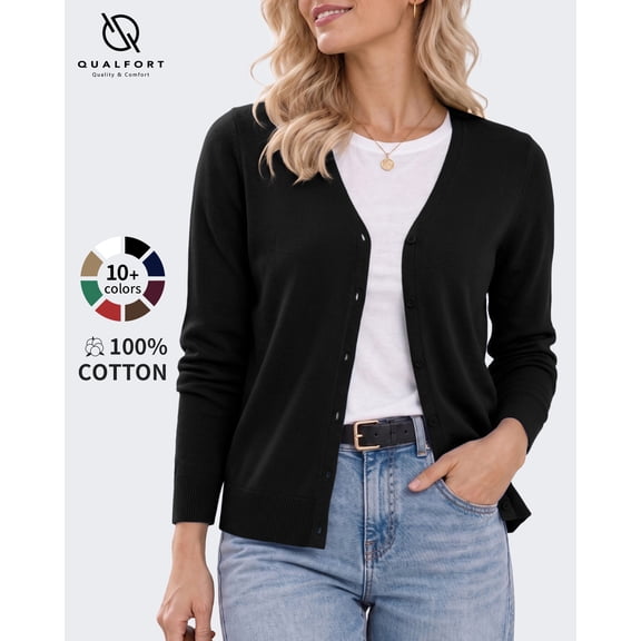 QUALFORT Women's 100% Cotton Lightweight Button-Front Cardigan Sweater, V-Neck Long Sleeve Knit,Black L