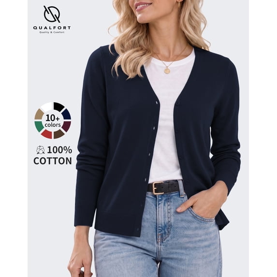 QUALFORT Women's 100% Cotton Lightweight Button-Front Cardigan Sweater, V-Neck Long Sleeve Knit,Navy XL