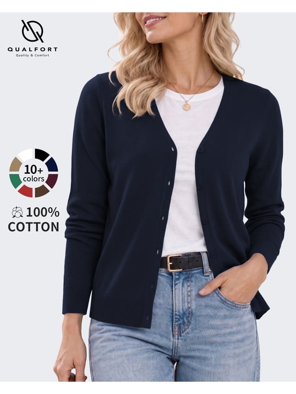 Women's 100% Cotton Lightweight Button-Front Cardigan Sweater, V-Neck Long Sleeve Knit,Navy L