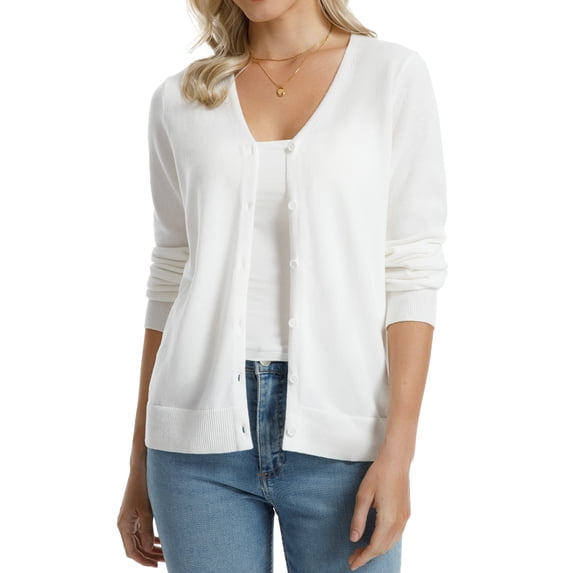 QUALFORT Women’s 100% Cotton Lightweight Button-Front Cardigan Sweater,v neck Long Sleeve Knit