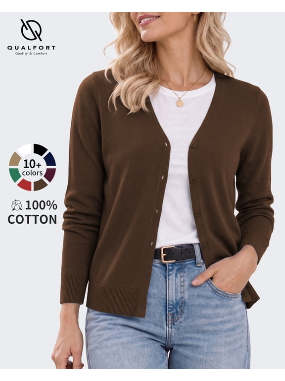 Women's 100% Cotton Lightweight Button-Front Cardigan Sweater, V-Neck Long Sleeve Knit,Brown XL