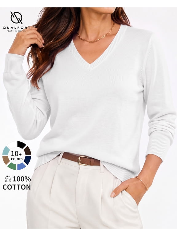 Women's 100% Cotton V-Neck Pullover Sweater, Long Sleeve Lightweight Sweater for Women, Soft Classic Solid Color Knit Sweater Top, White L