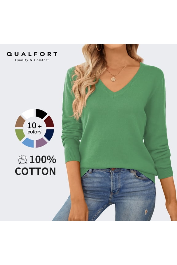 Women's 100% Cotton V-Neck Pullover Sweater, Long Sleeve Lightweight Sweater for Women, Soft Classic Solid Color Knit Sweater Top, Kelly Green XXL
