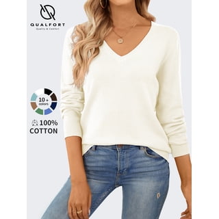 QUALFORT Women's 100% Cotton V-Neck Pullover Sweater, Long Sleeve Lightweight Sweater for Women, Soft Classic Knit Sweater Top, Off White L