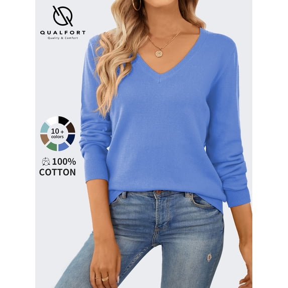 QUALFORT Women's 100% Cotton V-Neck Pullover Sweater, Long Sleeve Lightweight Sweater for Women, Soft Classic Solid Color Knit Sweater Top, Blue XL