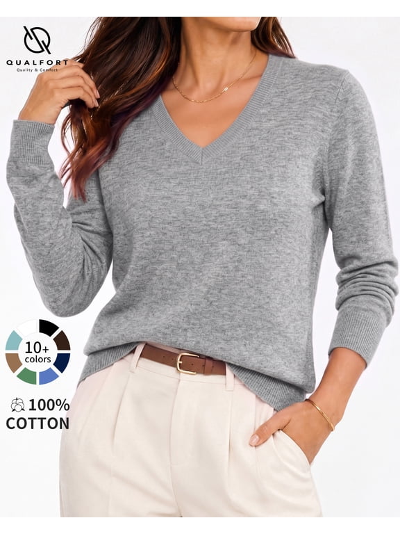 Women's 100% Cotton V-Neck Pullover Sweater, Long Sleeve Lightweight Sweater for Women, Soft Classic Solid Color Knit Sweater Top, Grey L